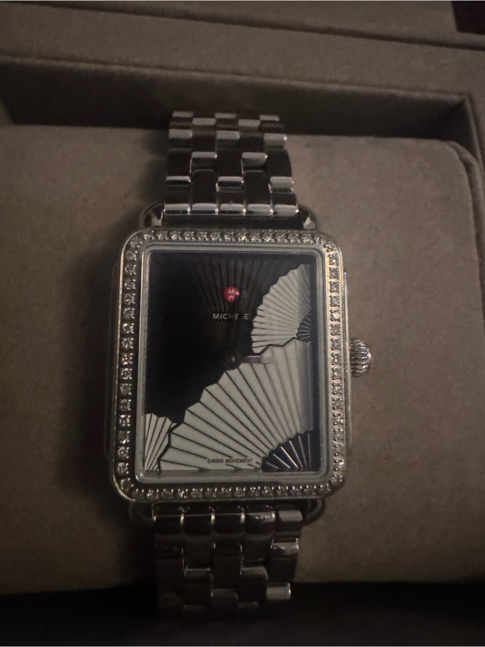 Michele Silver and Black Diamond-Trim Women's Watch